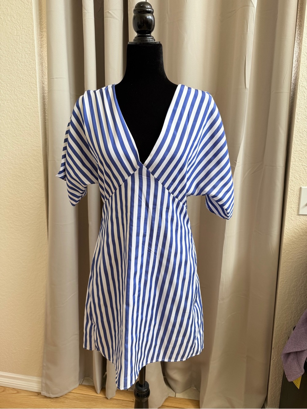 Blue and White Striped V-Neck Dress